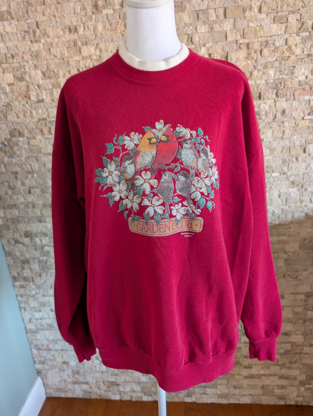 Vintage Jerzees Double Collar Womens Bird Garden Print Crewneck Sweatshirt XL
